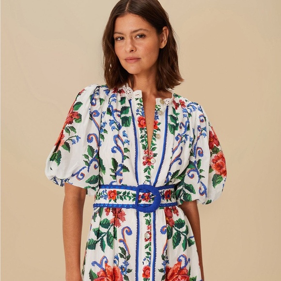 NWT FARM Rio Size Small Floral Puff Sleeve Dress with Blue Belt NWT FARM Rio Size Small Floral Puff Sleeve Dress with Blue Belt